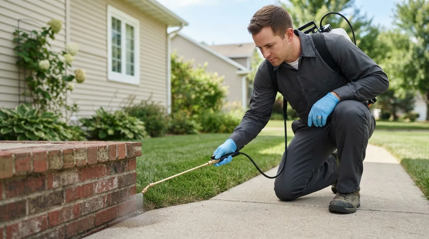 Pest control technician treating a home near Vinita, OK