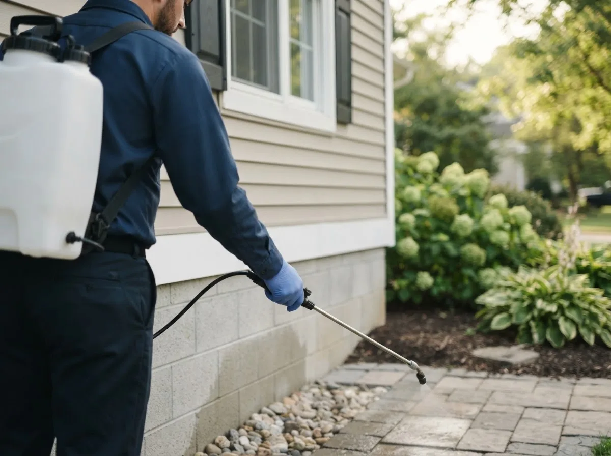 Pest control technician inspecting a home in Vinita, OK